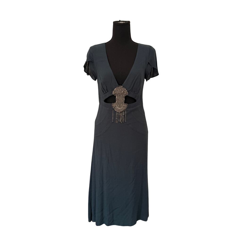Free People Teal Beaded Cutout Midi Dress Size 4 Boho Empire Waist Festival - Picture 3 of 8